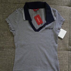 Guess Women’s Striped Polo Shirt – Navy/White – Size M